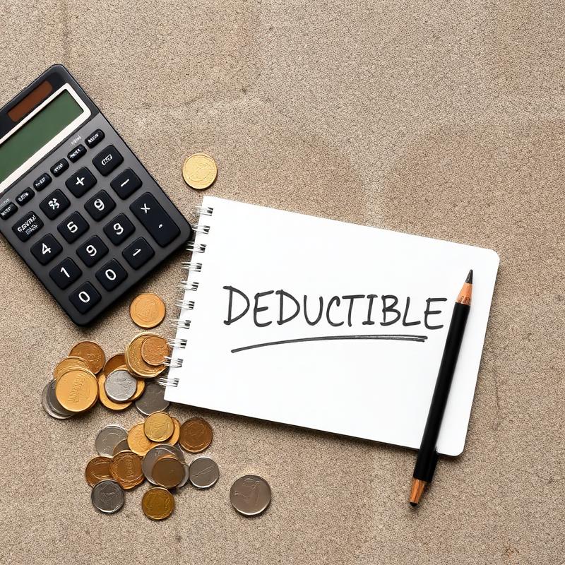 Calculator and notepad with the word deductible written on it.
