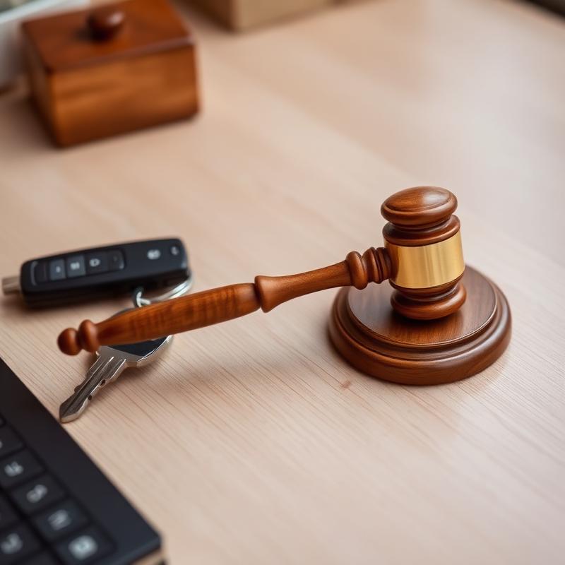Gavel and car keys on a wooden desk.