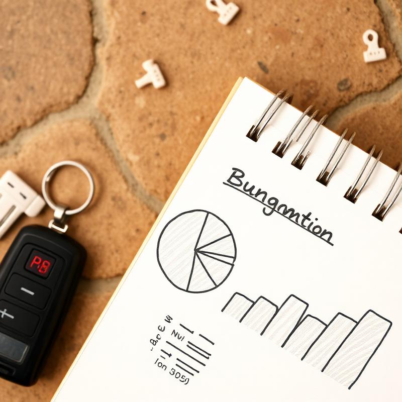 Notebook with handwritten budget pie chart beside a car key.