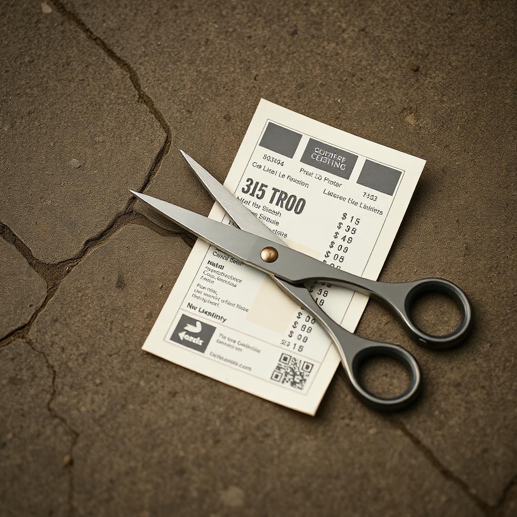 Scissors cutting through a bill on a stone surface.