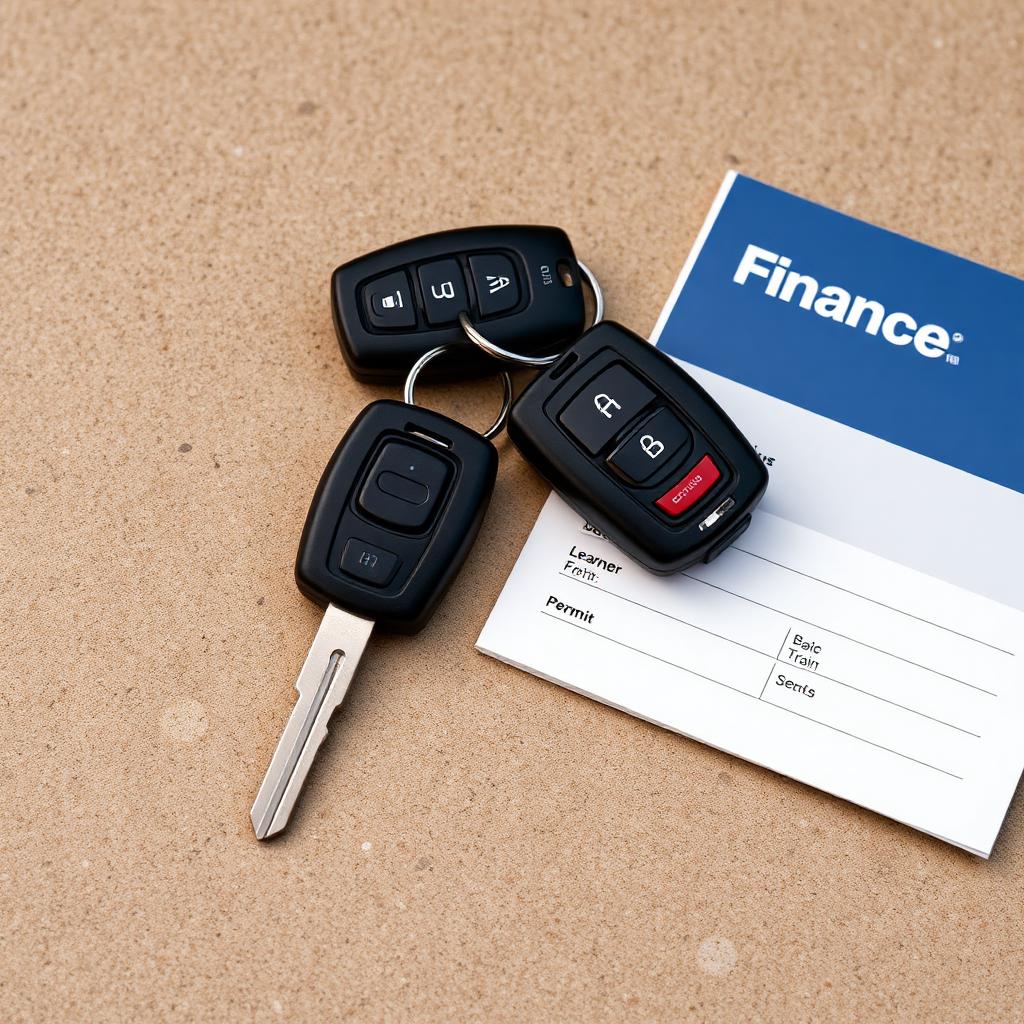 Two sets of car keys beside a learner permit booklet.
