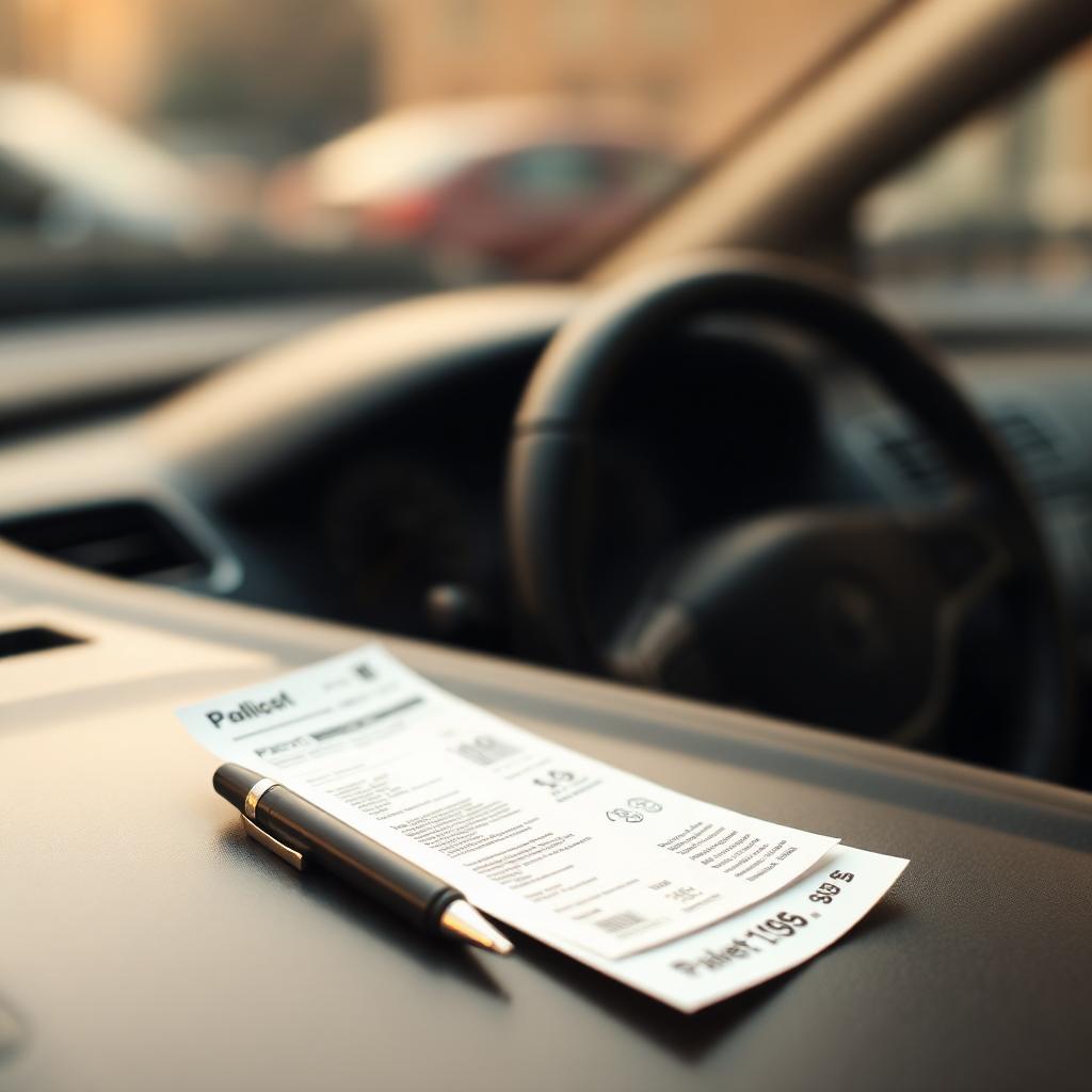 Paper traffic ticket on a parked car dashboard.