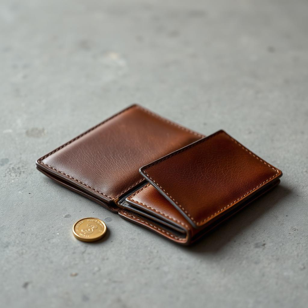 Leather wallet with a single coin on a stone surface.